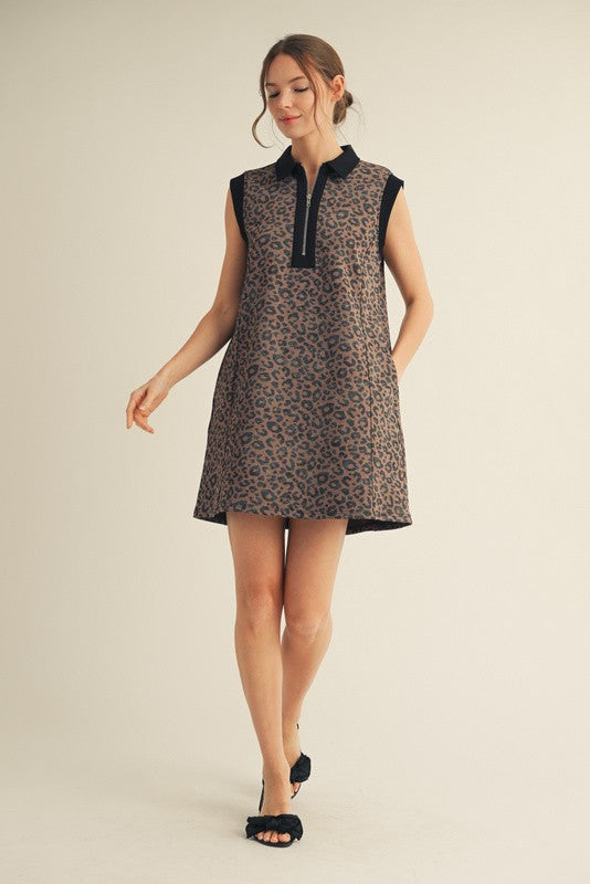 Brown Animal Print Front Zip Sleeveless Dress