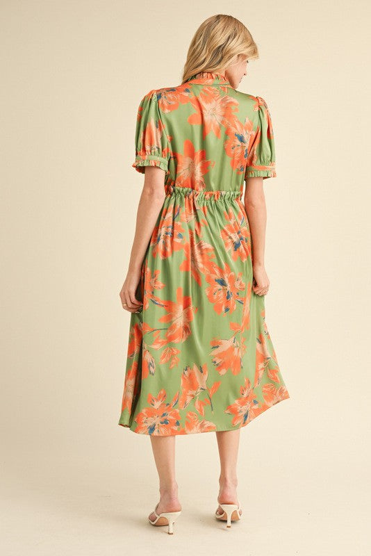 Light Olive Floral Satin Button Down Midi Dress