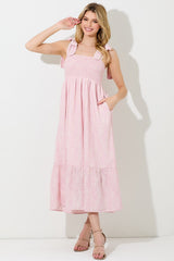 Pink Floral Smocked Shoulder Tie Maternity Midi Dress