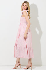 Pink Floral Smocked Shoulder Tie Midi Dress