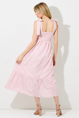 Pink Floral Smocked Shoulder Tie Midi Dress