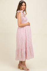 Pink Floral Smocked Shoulder Tie Maternity Midi Dress