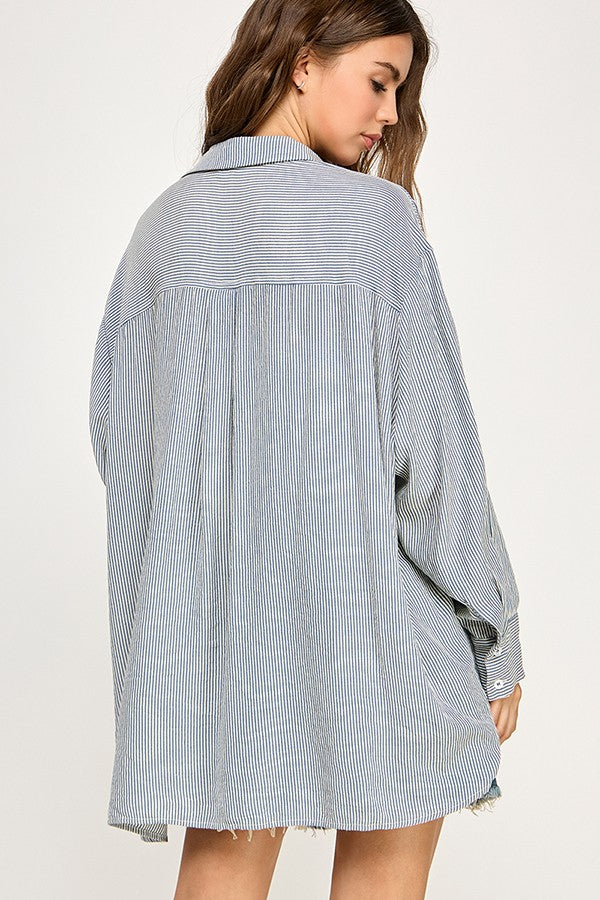 Blue Striped Oversized Button Down Shirt