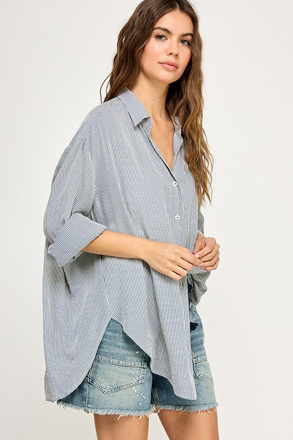 Blue Striped Oversized Button Down Shirt