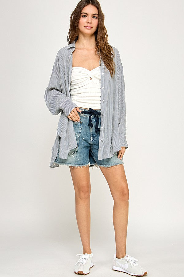 Blue Striped Oversized Button Down Shirt