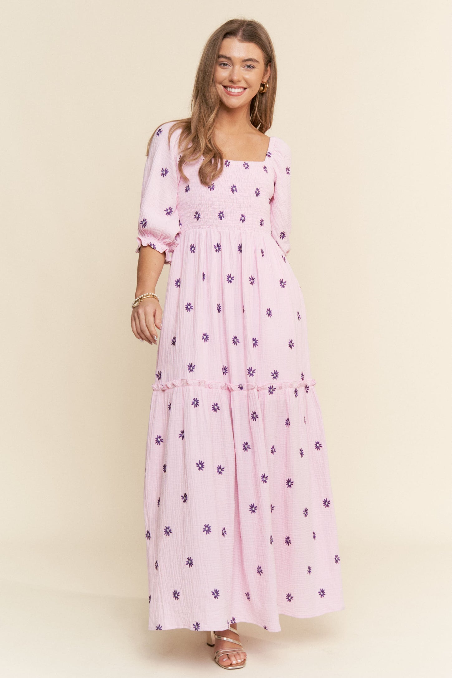 Lavender Floral Smocked Puff Sleeve Maternity Maxi Dress