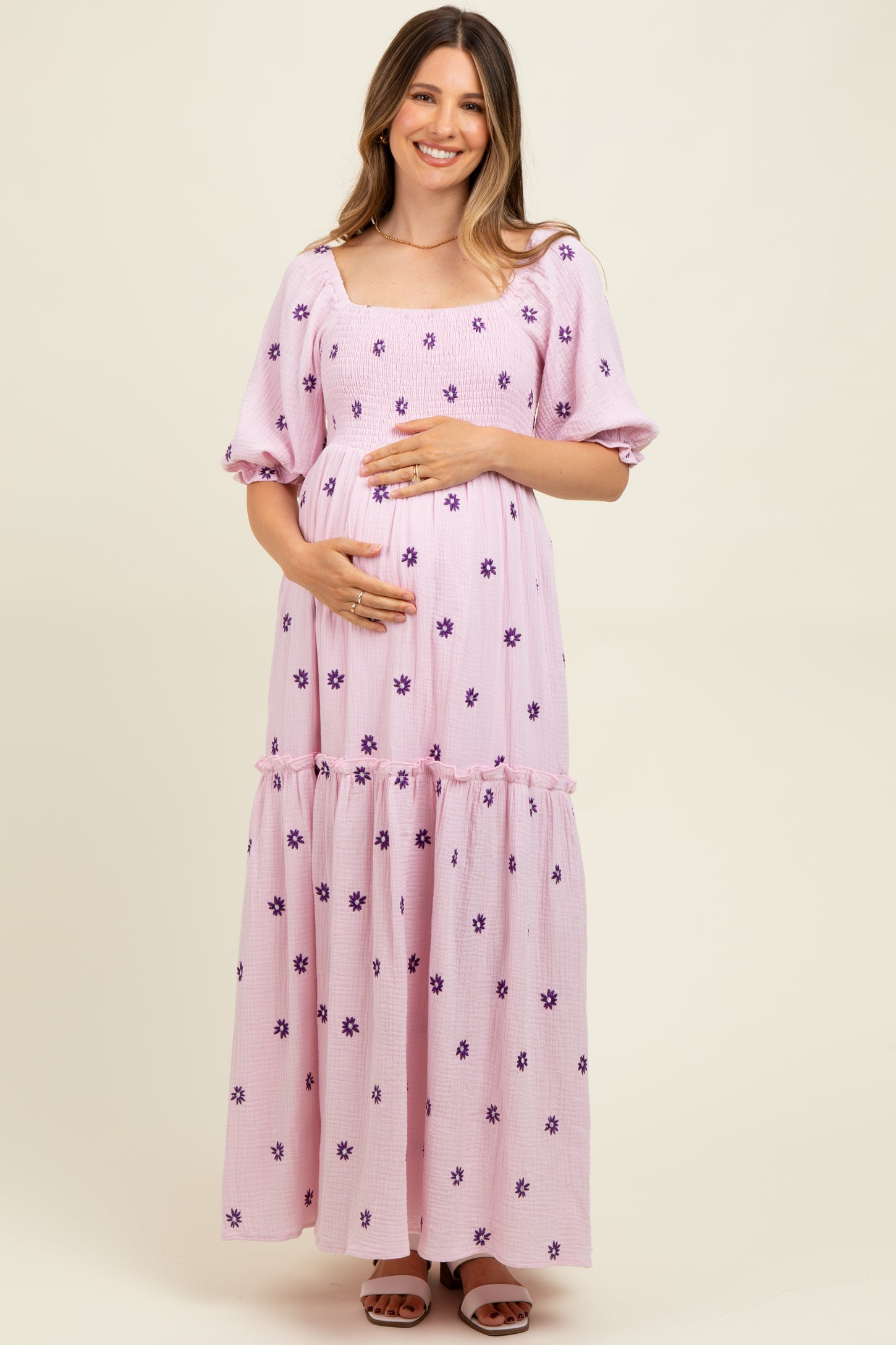 Lavender Floral Smocked Puff Sleeve Maternity Maxi Dress