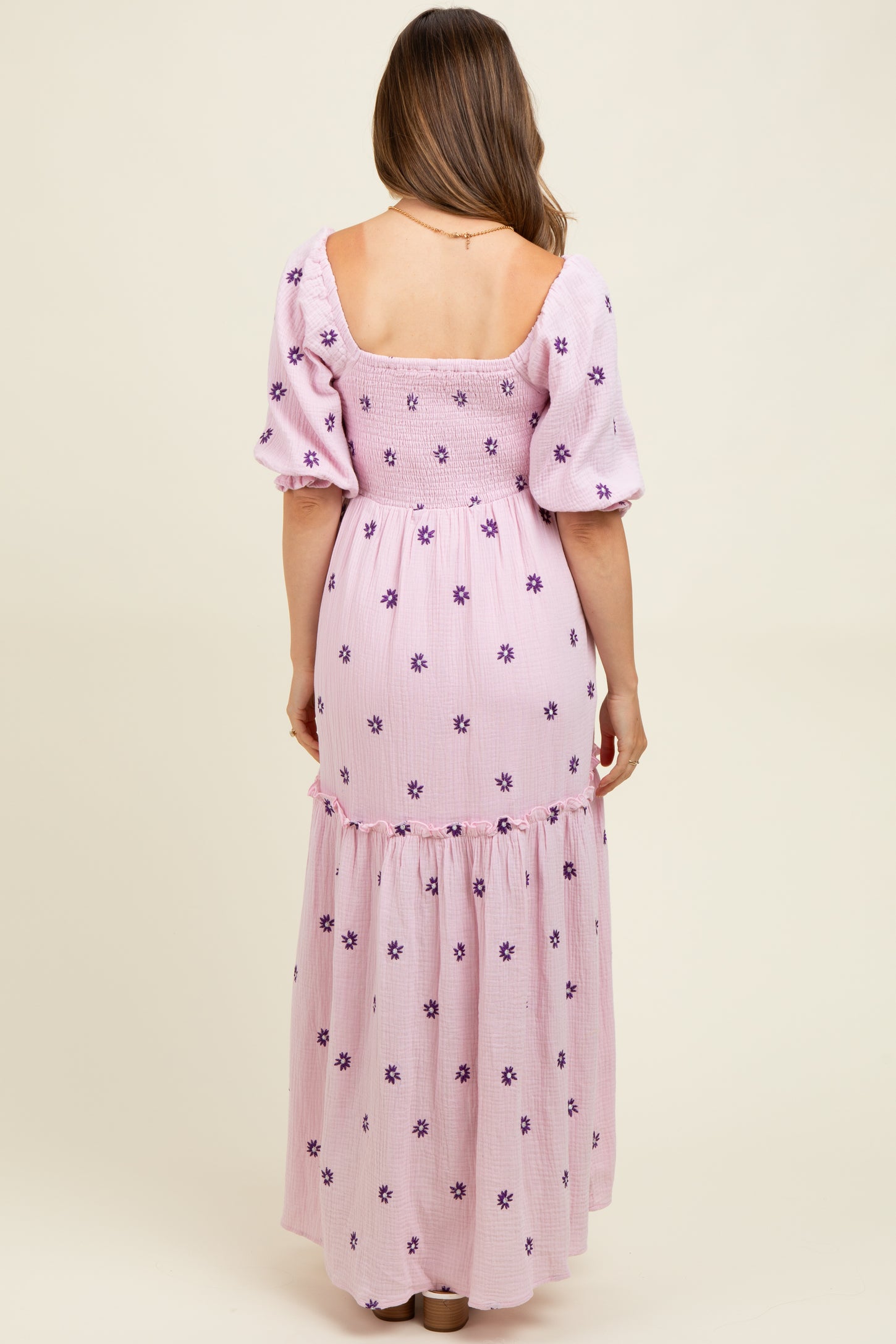 Lavender Floral Smocked Puff Sleeve Maternity Maxi Dress