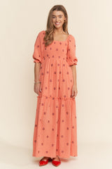 Orange Floral Smocked Puff Sleeve Maxi Dress