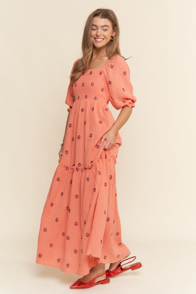 Orange Floral Smocked Puff Sleeve Maxi Dress