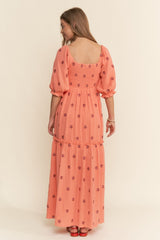 Orange Floral Smocked Puff Sleeve Maxi Dress