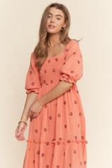 Orange Floral Smocked Puff Sleeve Maxi Dress