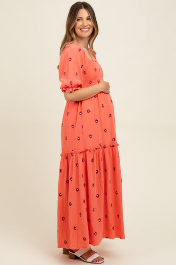 Orange Floral Smocked Puff Sleeve Maternity Maxi Dress