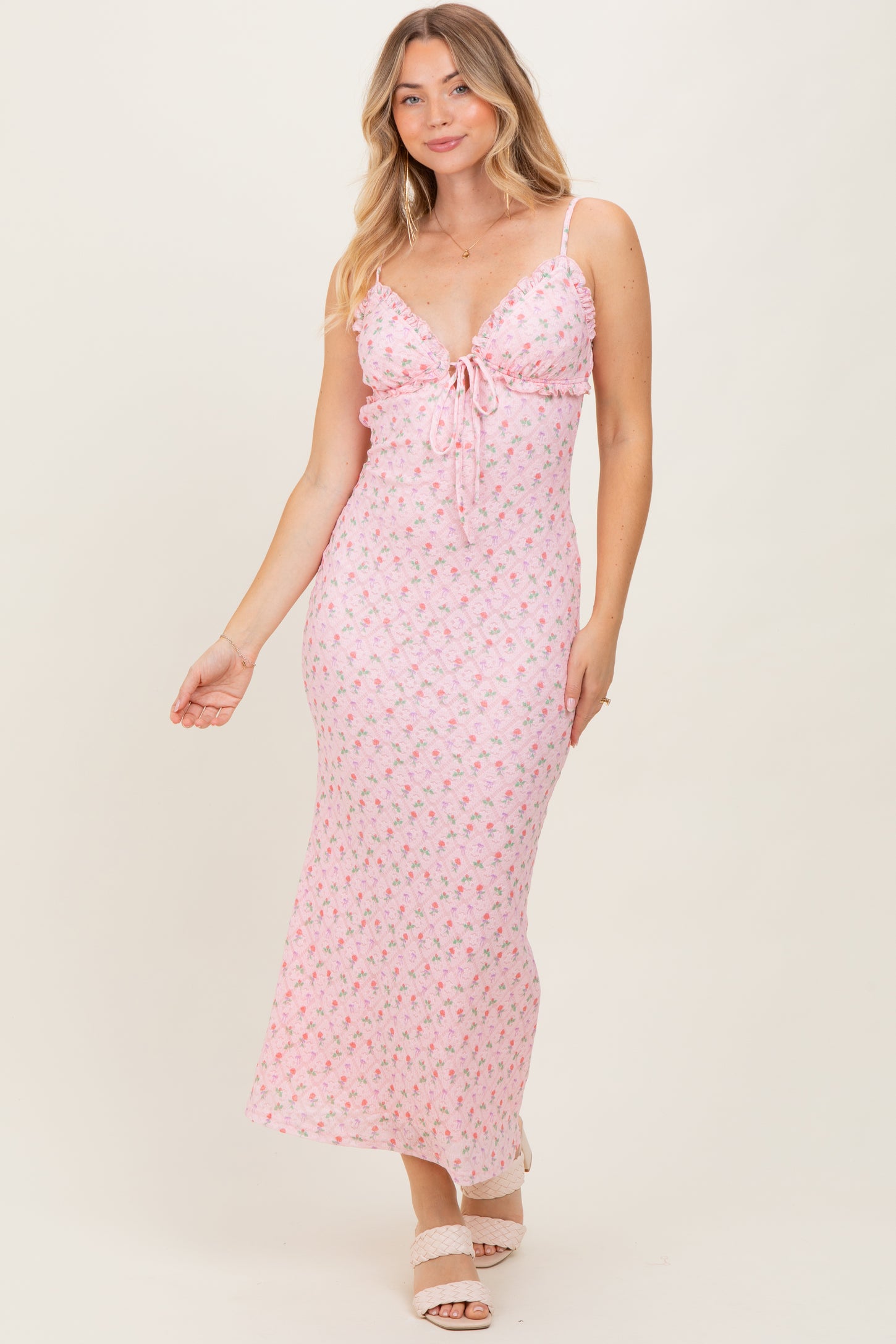 Light Pink Rose Print Jacquard Front Tie Cutout Maxi Dress
