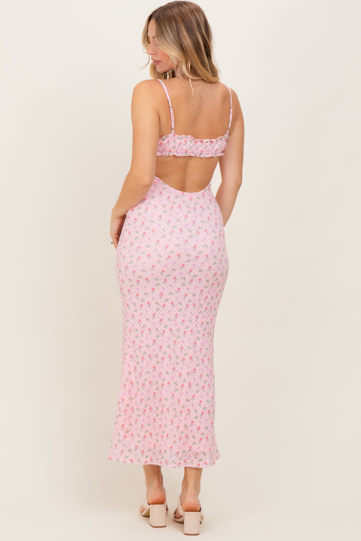 Light Pink Rose Print Jacquard Front Tie Cutout Maxi Dress