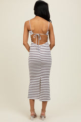 White Striped Backless Tie Maxi Dress