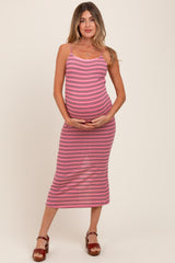 Pink Striped Backless Tie Maternity Maxi Dress
