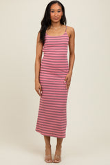 Pink Striped Backless Tie Maxi Dress