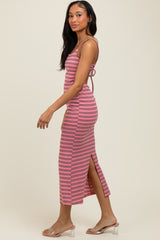Pink Striped Backless Tie Maxi Dress