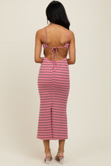 Pink Striped Backless Tie Maxi Dress