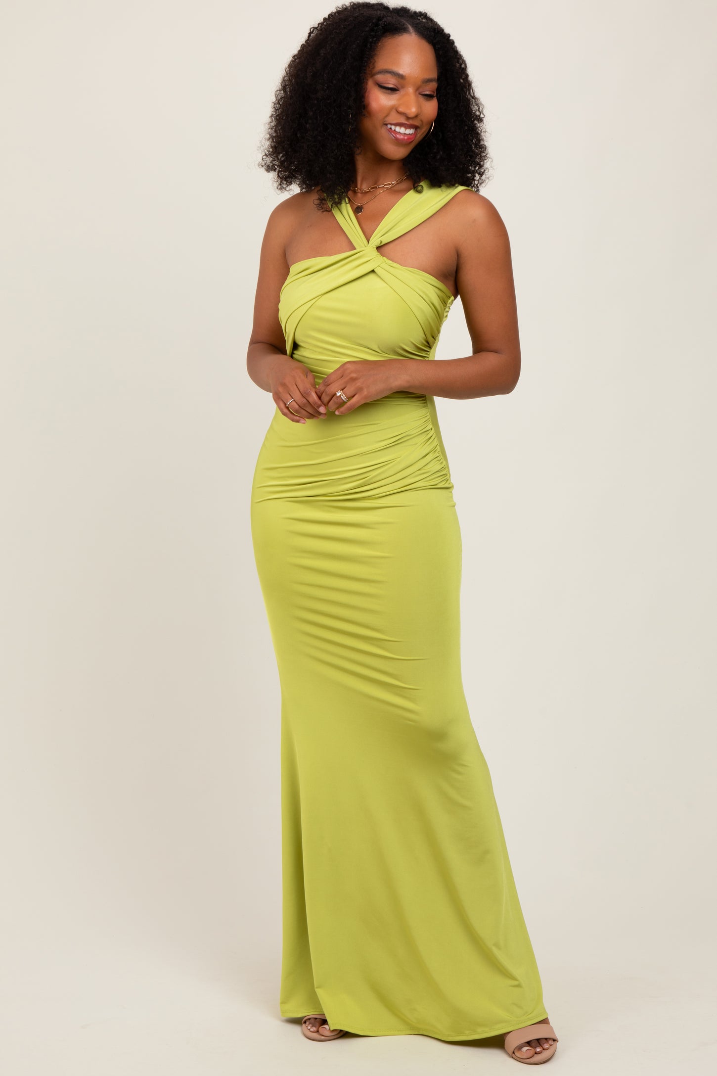 Lime Twist Front Ruched Maxi Dress