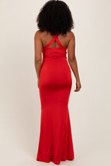 Red Twist Front Ruched Maxi Dress