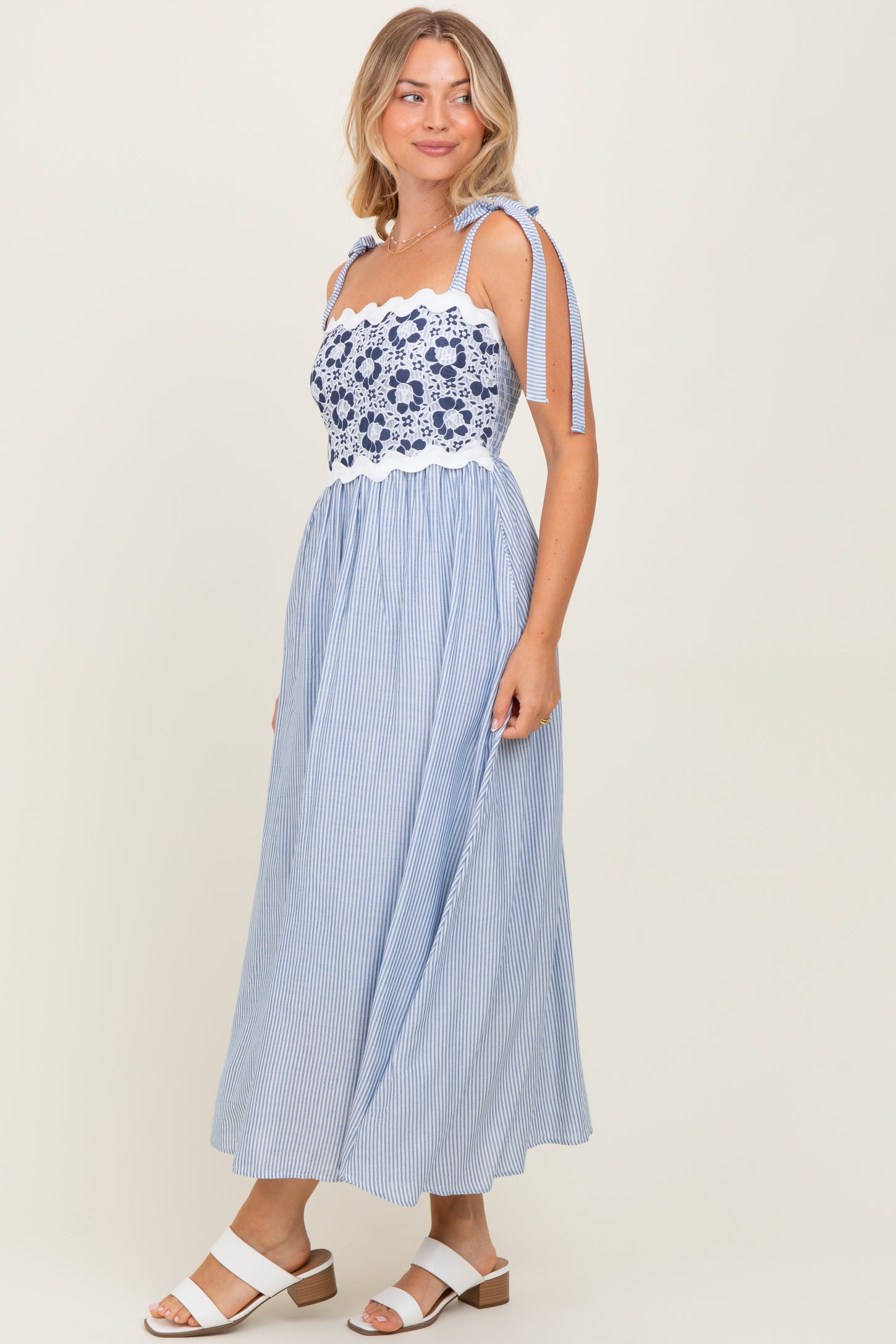 Blue Striped Floral Lace Sleeveless Midi Dress