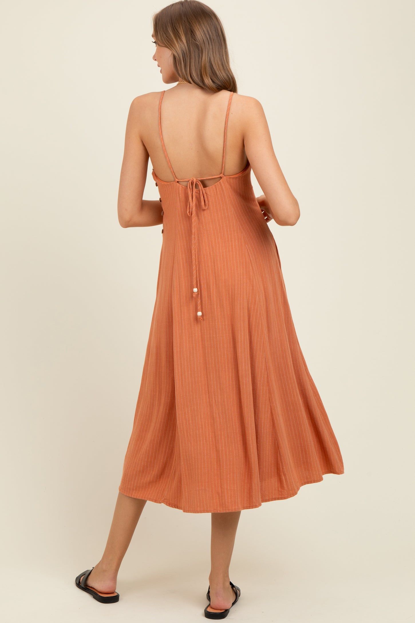 Rust/White Linen Striped Maternity Midi Dress