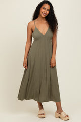 Olive/White Linen Striped Maternity Midi Dress