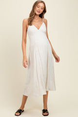 Ivory/Black Linen Striped Maternity Midi Dress