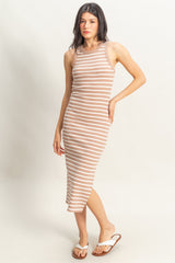 Taupe/White Striped Sleeveless Fitted Midi Dress