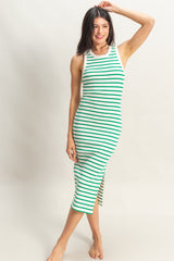Green/White Striped Sleeveless Fitted Maternity Midi Dress