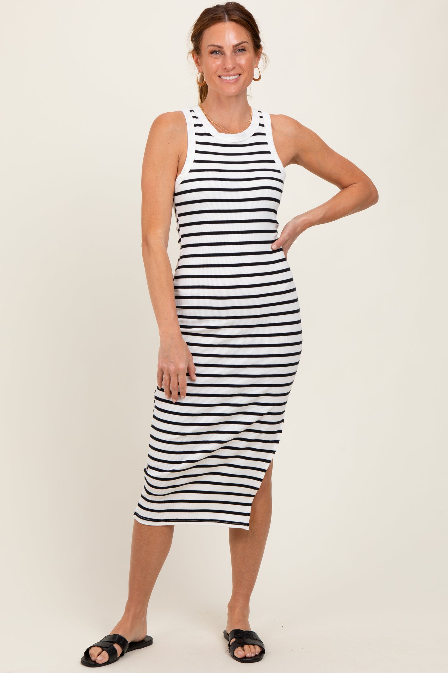 White/Black Striped Sleeveless Fitted Maternity Midi Dress