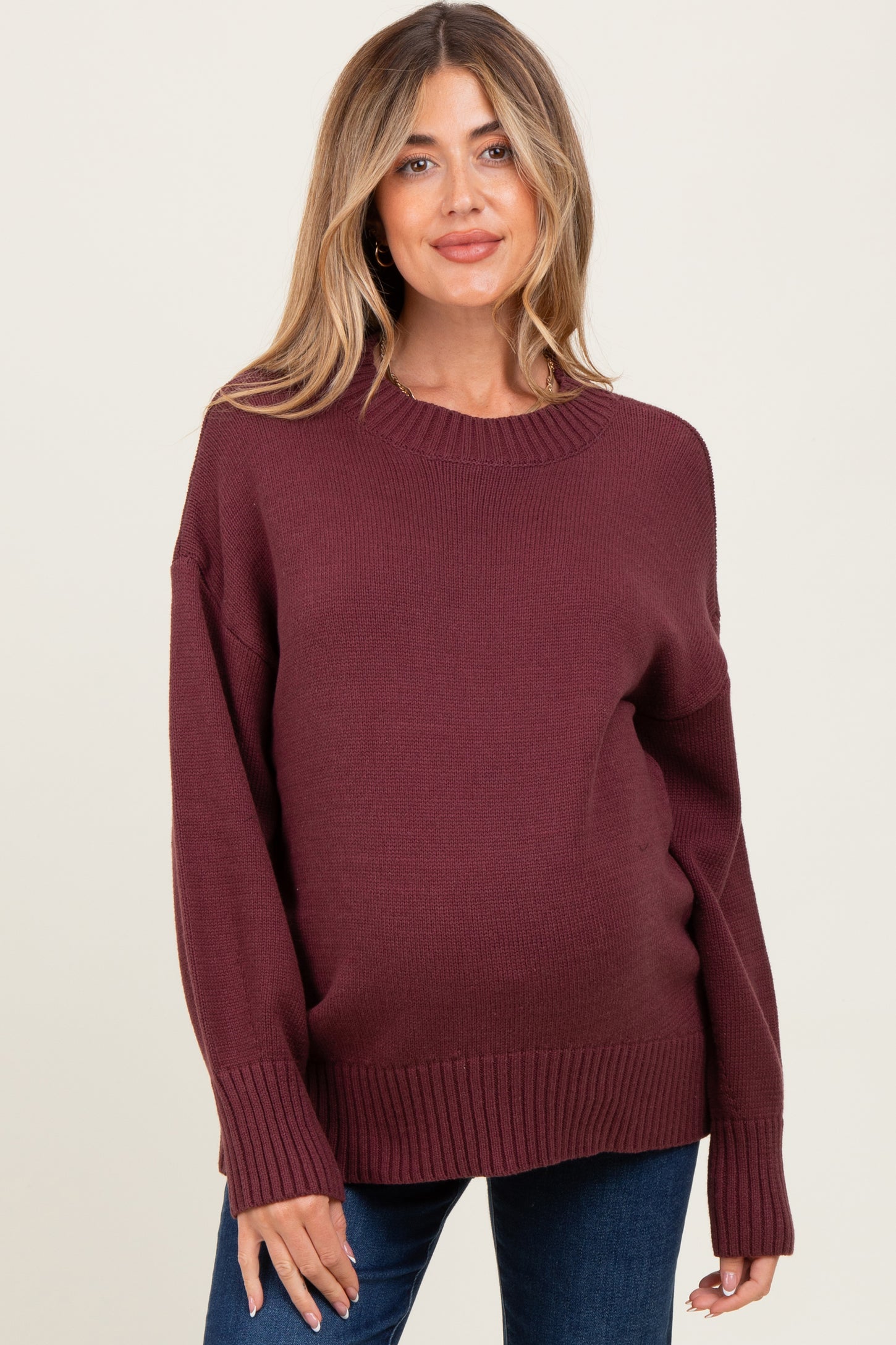 Burgundy Drop Shoulder Oversized Maternity Sweater