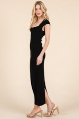 Black Cap Sleeve Ruched Open Back Midi Dress