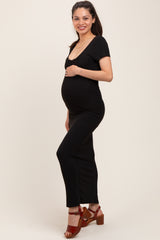Black Double Layered Ribbed Scoop Neck Maternity Maxi Dress