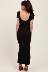 Black Double Layered Ribbed Scoop Neck Maternity Maxi Dress