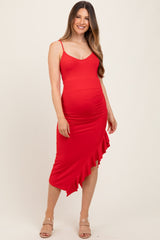 Red Ruched Ruffle Detail Sleeveless Maternity Midi Dress