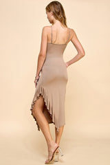 Taupe Ruched Ruffle Detail Sleeveless Midi Dress