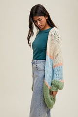 Blue Colorblock Open Knit Cardigan