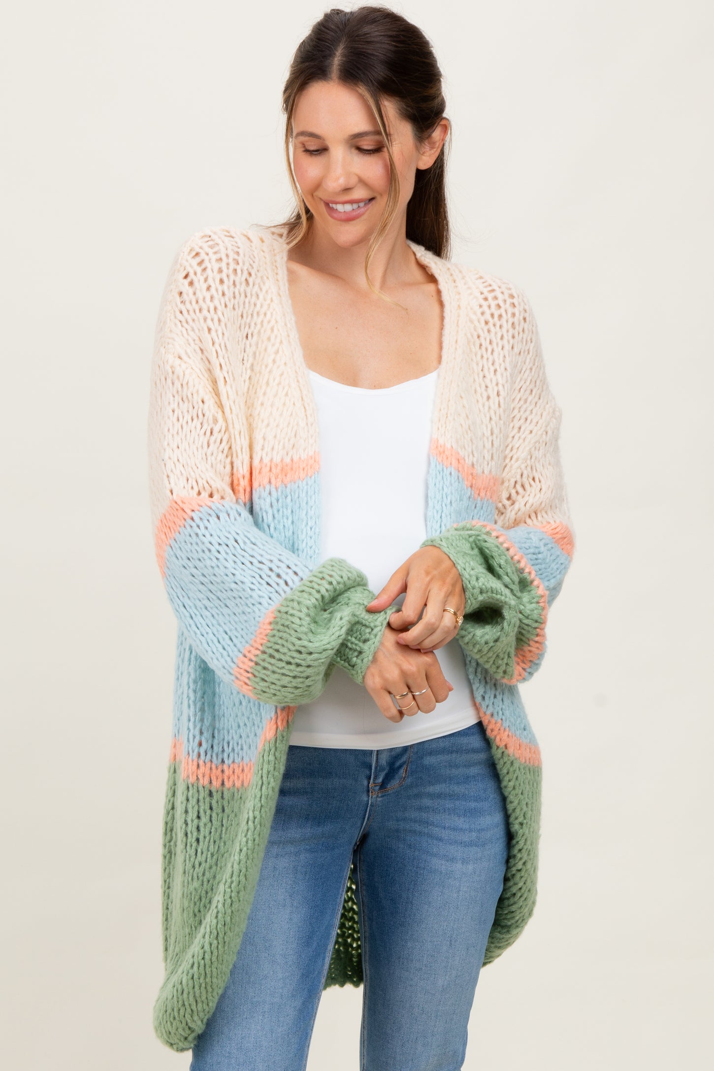 Blue Colorblock Open Knit Maternity Cardigan