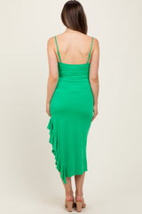 Green Ruched Ruffle Detail Sleeveless Maternity Midi Dress