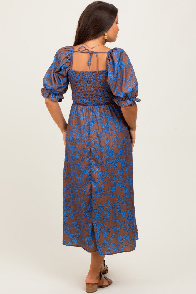 Blue Floral Smocked Puff Sleeve Maternity Midi Dress
