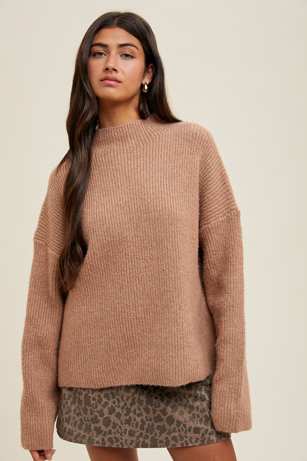 Mocha High Neck Ribbed Knit Sweater