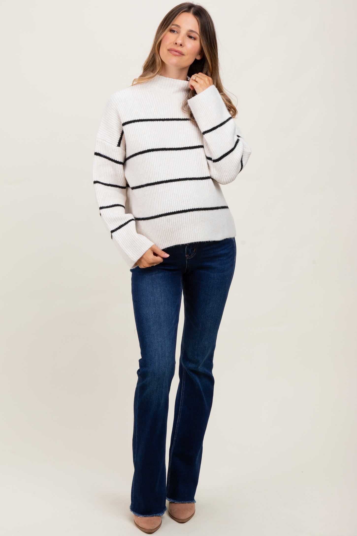 Cream High Neck Ribbed Knit Maternity Sweater