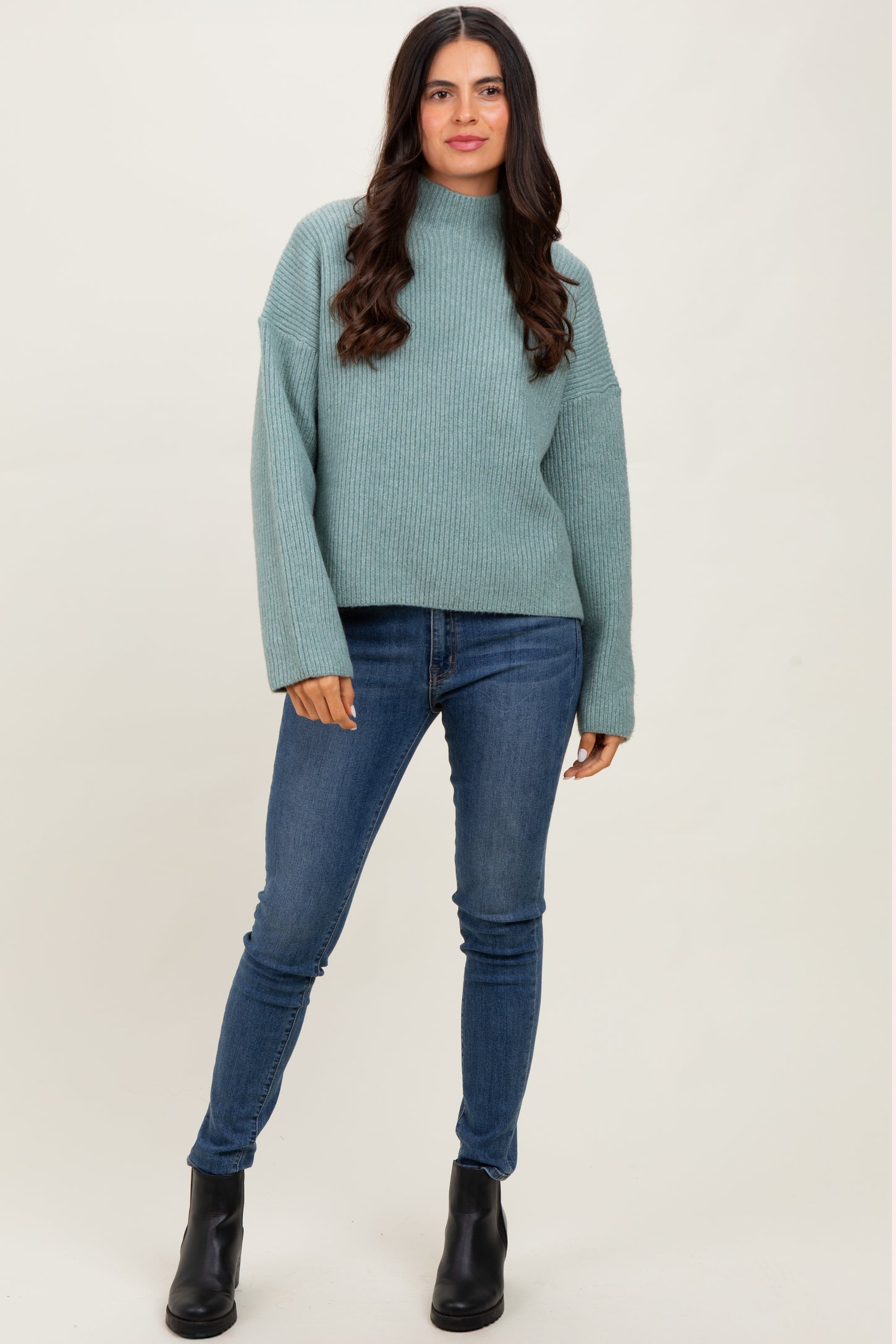 Sage High Neck Ribbed Knit Sweater