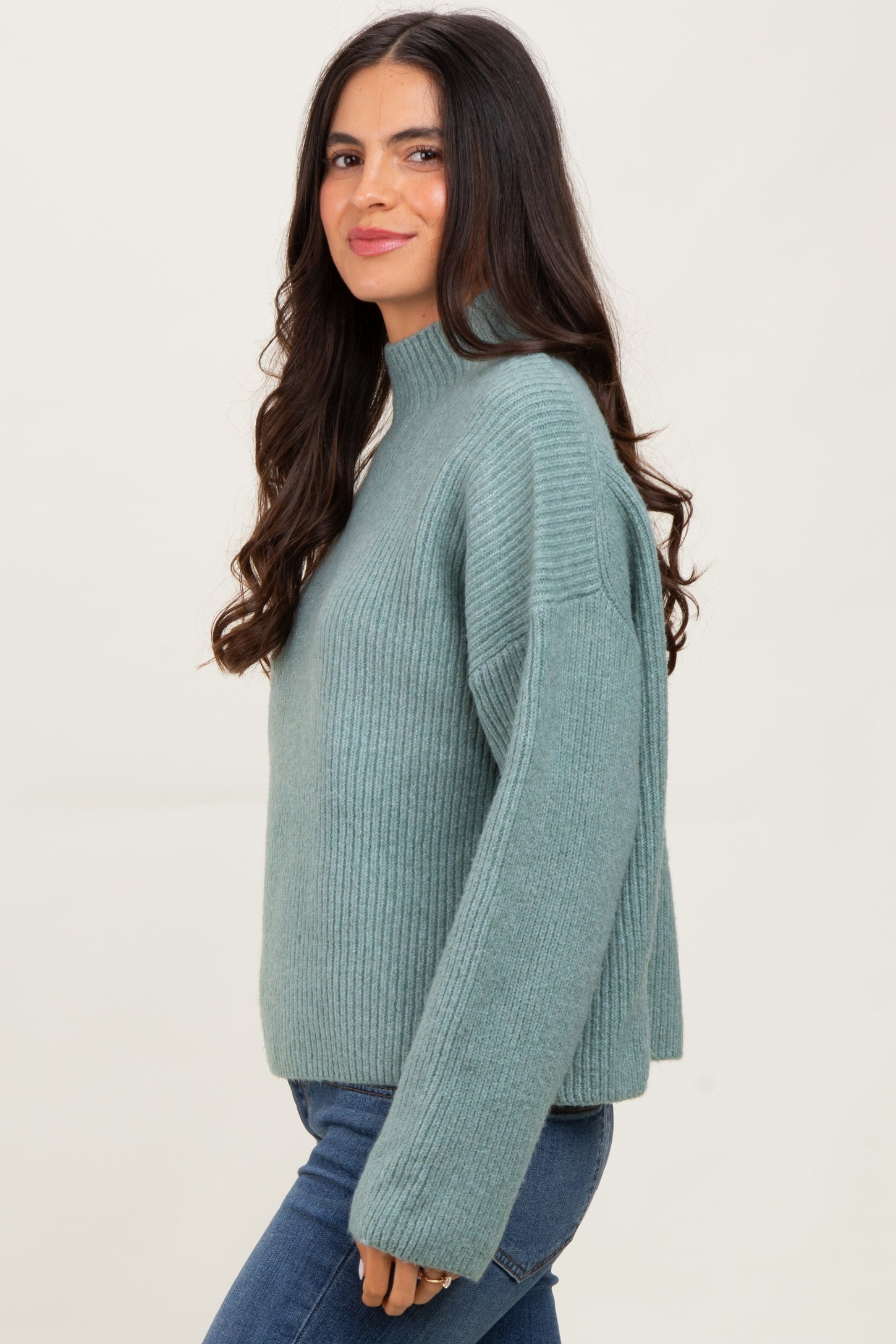 Sage High Neck Ribbed Knit Sweater