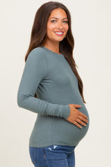 Deep Teal Basic Ribbed Knit Long Sleeve Maternity Top