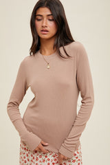 Light Taupe Basic Ribbed Knit Long Sleeve Top