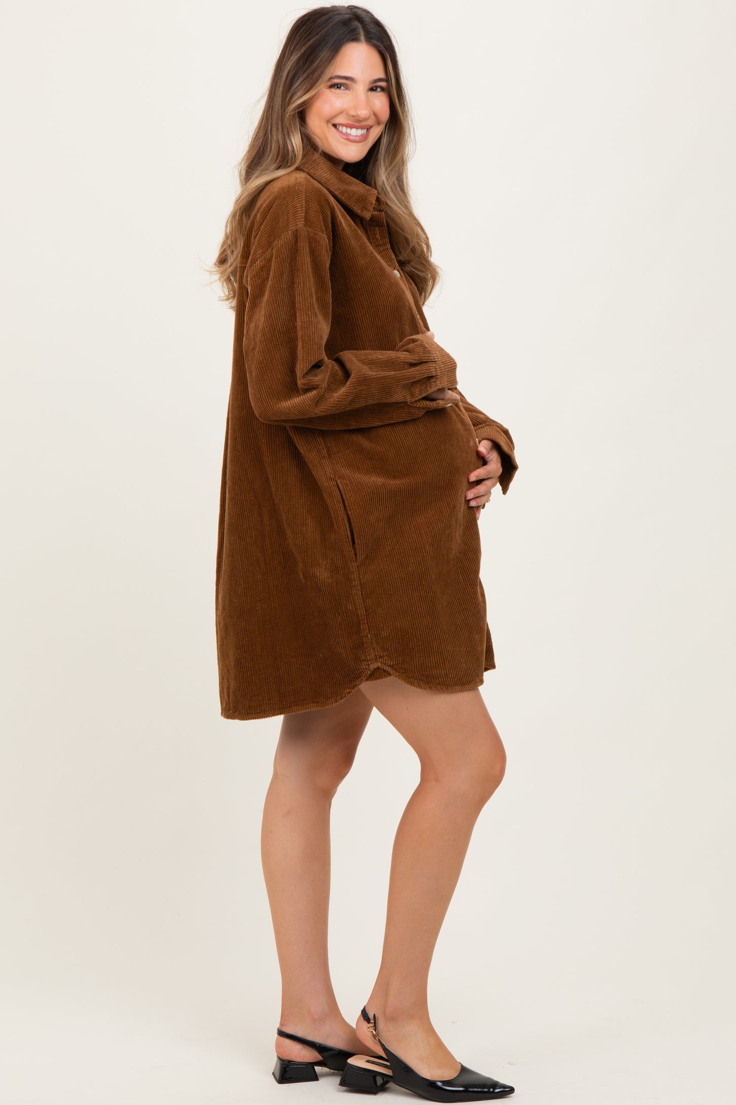 Camel Corduroy Maternity Shirt Mini Dress